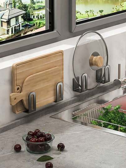 2pcs Multifunctional Kitchen Storage Rack, Cutting Board & Pot Lid Holder, Wall-Mounted Organizer Suitable For Bathroom And Balcony