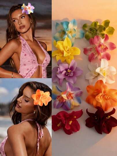 10个装大型热带夏威夷花朵发夹，彩色人造非洲菊发饰，适合夏季海滩、夏威夷派对、婚礼、波西米亚风情人节婚礼发饰（红色、黄色、粉色、蓝色），发夹