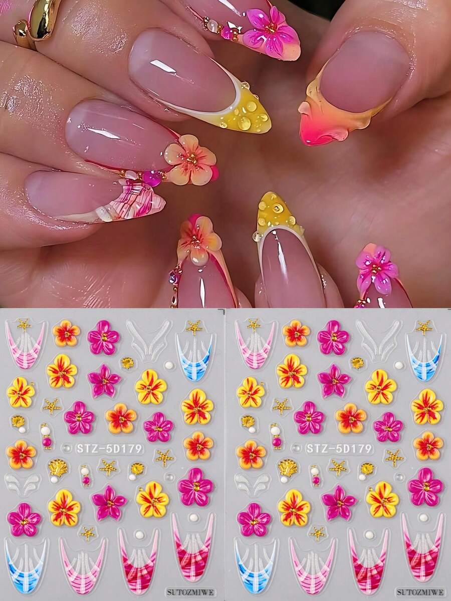 2片夏季芙蓉花美甲贴纸，5D立体彩色花瓣，贝壳、海星、波浪线图案，法式美甲贴纸，DIY音乐节美甲装饰
