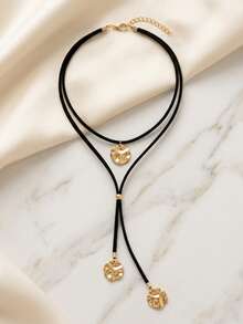 1pc Minimalist Vintage Black Cord With Geometric Circle Pendant Multilayer Y-Necklace, Suitable For Daily, Party, And Vacation Wear - Multicolor - View 2