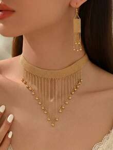 1 Set di gioielli alla moda con nappa e pendenti multipli, collana + orecchini a nappa, adatto per uso quotidiano, regali, casual e vacanze - Oro giallo - Visualizzare 3