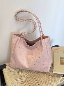Bolso de hombro tipo tote estilo universitario minimalista con patrón de estrellas para todas las estaciones, para compras y vuelta al cole, asa tejida, posición aleatoria (color/patrón de pañuelo aleatorio) - Rosa - Ver 4
