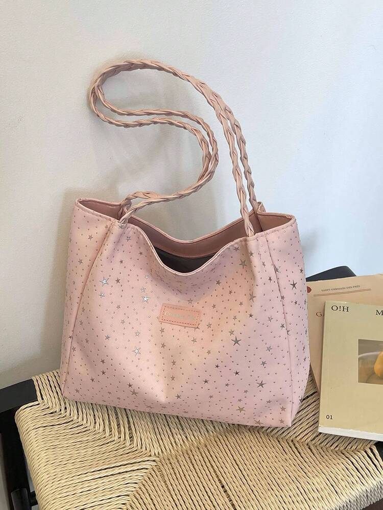 All Seasons Minimalist Star Pattern Shopping College Style Back To School Shoulder Tote Bag Woven Handle Strap Position Random (Scarf Color/Pattern Random) - Pink - View 3