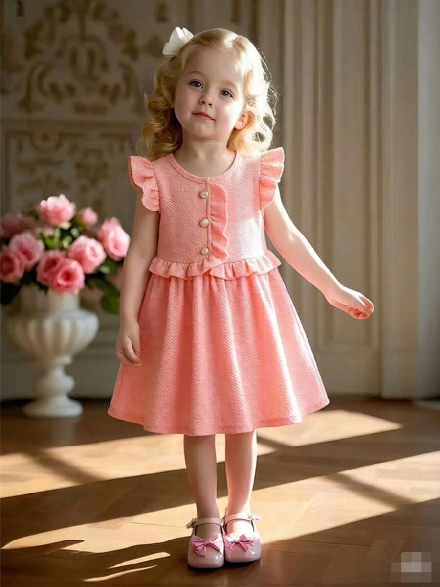 Toddler Girls' Elegant Ruffle Trim Sweet Casual Dress - Pink - View 1
