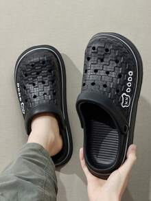 春夏EVA软底镂空拖鞋，男士户外熊纹透气一脚蹬凉鞋，浴室钓鱼休闲鞋 - 黑色 - 查看 3