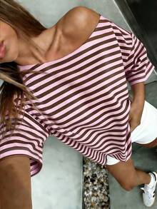 Áo thun dáng rộng, cổ trễ vai, kẻ sọc nâu, thời trang đường phố Y2K mùa hè cho nữ, áo thun thường ngày. - màu nâu - Xem 1