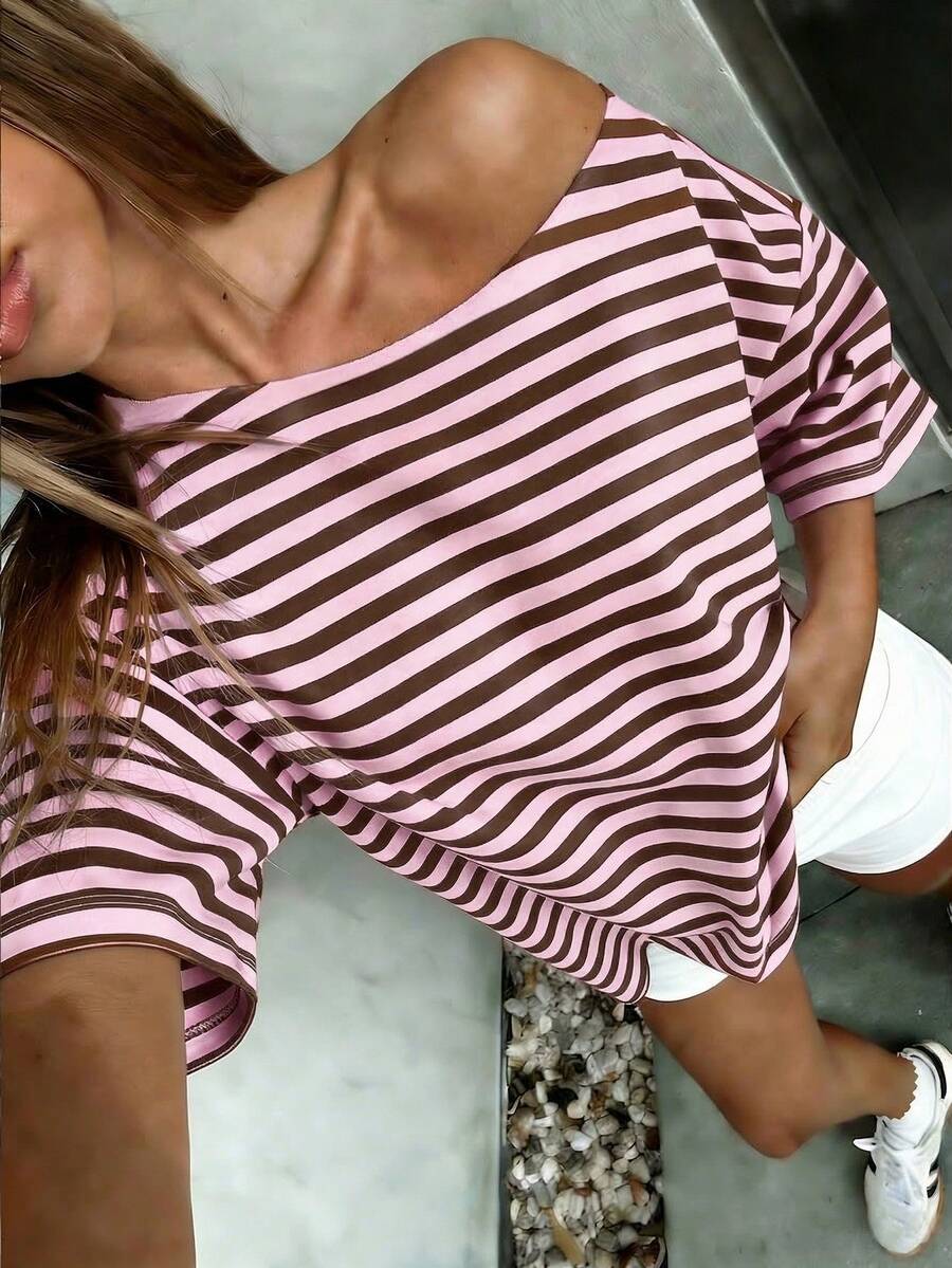 Áo thun dáng rộng, cổ trễ vai, kẻ sọc nâu, thời trang đường phố Y2K mùa hè cho nữ, áo thun thường ngày. - màu nâu - Xem 1