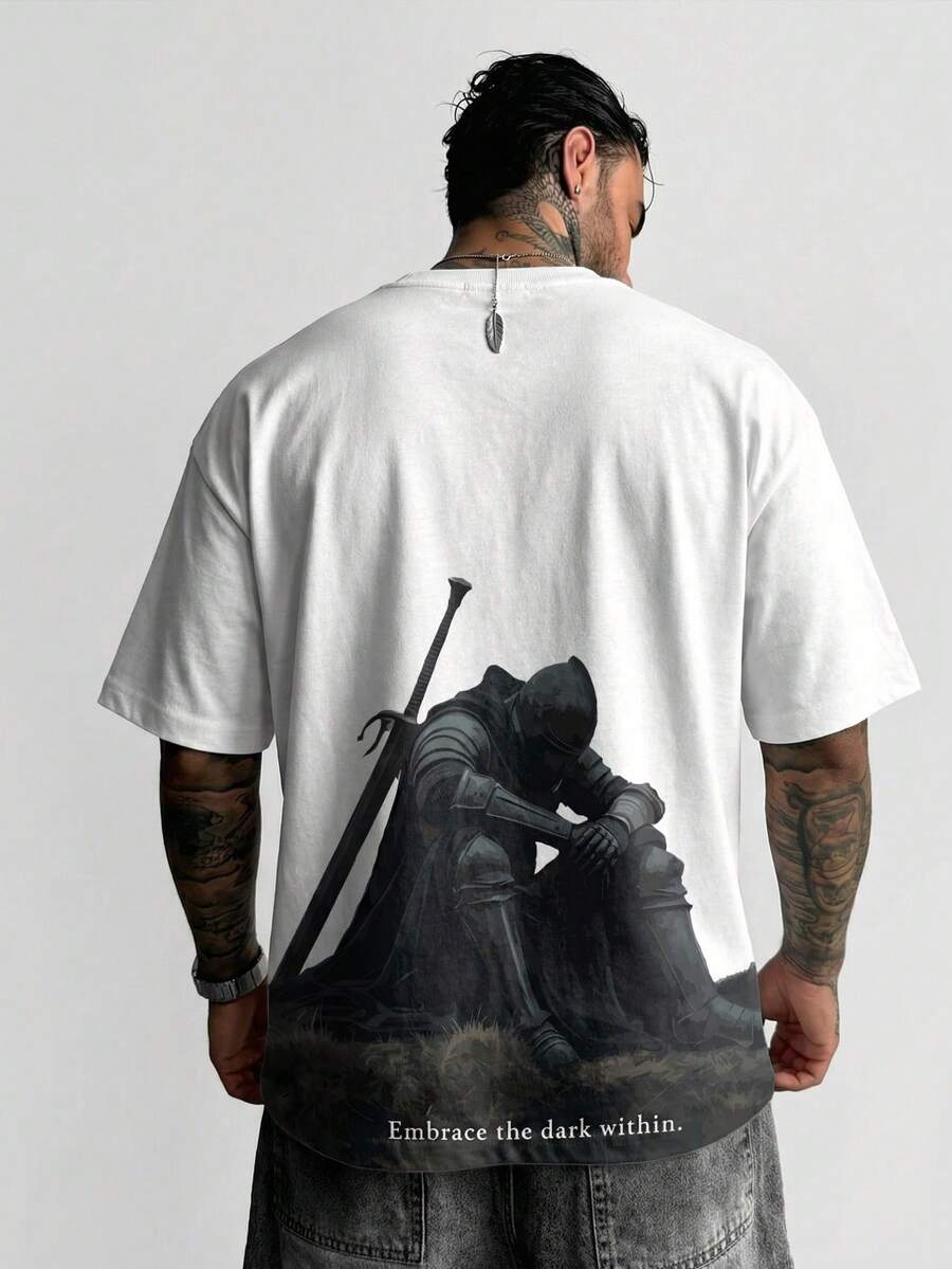 FRACTYR Men's Summer Casual Street Fashion Loose Sitting Graphic Print Loose Round Neck Short Sleeve T-Shirt - White - View 1