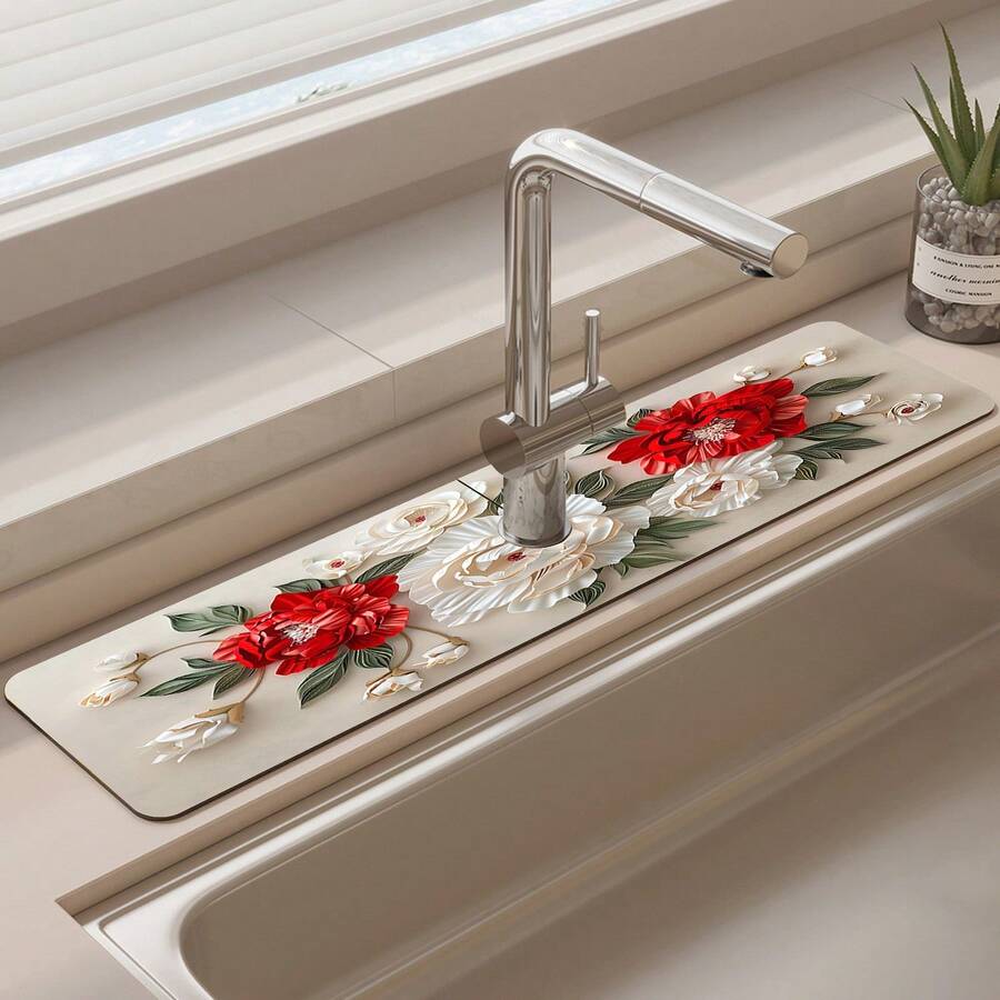 1pc, 2D Flower Sink Faucet Suction Pad, Drainage Pad, Kitchen, Bathroom Sink, Countertop, Drainage Pad, Diatomite Washbasin, And Cuttable Quick-Drying Pad.