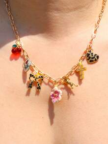 1pc Sakura Leopard Print Charm Necklace, Leopard Bow Heart Necklace, Leopard Cross Necklace, "Love Yourself" Slogan Memorial Necklace, Cute Red Cherry Necklace - Gold - View 9