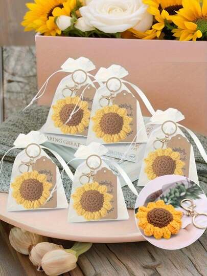 12pcs Crochet Sunflower Keychain Gift Set, Includes 4 Handmade Sunflower Keychains + 4 Thank You Cards + 4 Linen Bags. Ideal For Holidays/Graduation, Mother's Day Gifts Or Party Favors