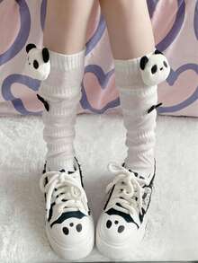 1 Pair White Regular Socks, Panda JK Doll 3D Printed Mid-Calf Socks, Black & White Cartoon Mid-Calf Socks, Cute Japanese Style Versatile Leg Warmers Socks, Ideal Gift For Valentine's Day, Back To School Season, And Other Holidays - Multicolor - View 7