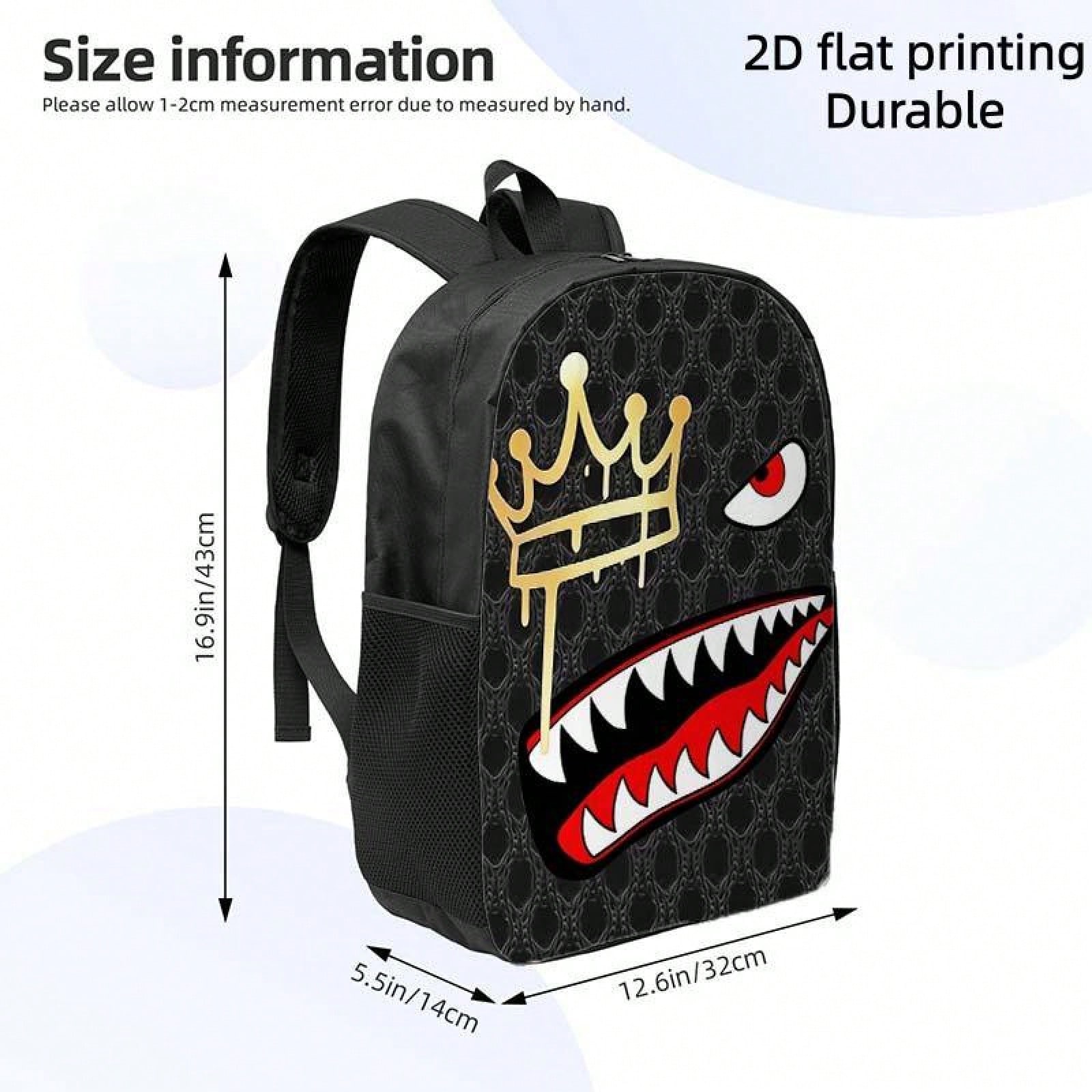 1pc Shark Tooth & Crown Print Backpack