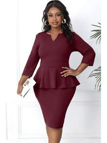 Plus Size Vintage Peplum Pencil Dress For Work Or Church - 酒紅色 - 查看 6