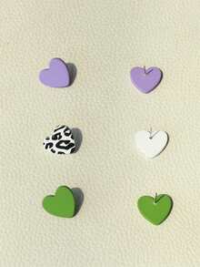 3 Pairs Teenage Girl Purple, Green, Leopard Print Ceramic Texture Romantic Heart Acrylic Earrings - Multicolor - View 6