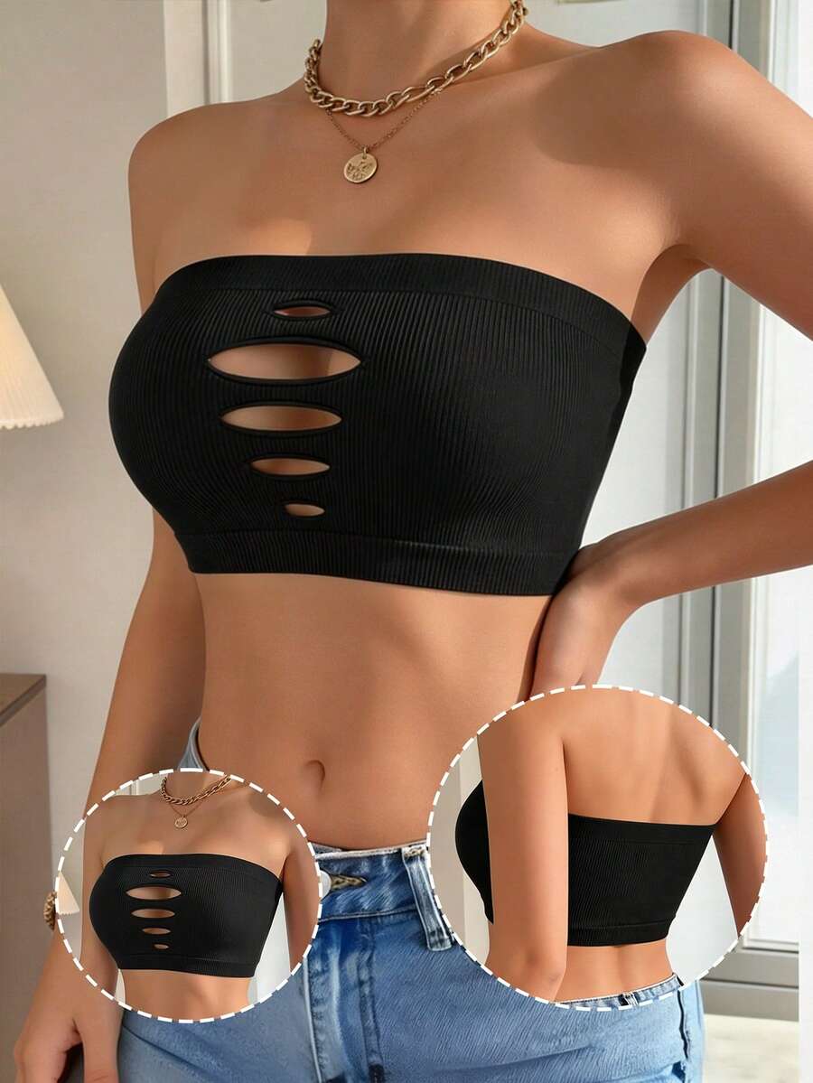 Sujetador bandeau negro con diseño hueco, top bandeau sin tirantes, camiseta sin tirantes para mujer