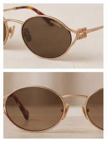 Miu Miu 黑色椭圆形镜框金色Logo防紫外线时尚女士太阳镜，夏季海滩风 - 黑色 - 查看 6