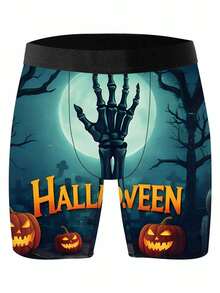 1 chiếc quần boxer nam độc đáo, in hình hoạt hình retro kiểu Mỹ, chủ đề Halloween, chất liệu vải dệt kim, kiểu dáng thể thao rộng rãi, thoáng khí và thấm hút mồ hôi, mềm mại và thân thiện với da, quần lót boxer thể thao thường ngày. - màu đen - Xem 2