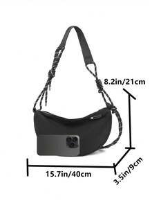 男士尼龙单肩包，大容量，时尚纯色，旅行/度假礼物，适合户外活动、学生、骑行、露营、返校、大学风格、高中生、运动等场合。 - 黑色 - 查看 6