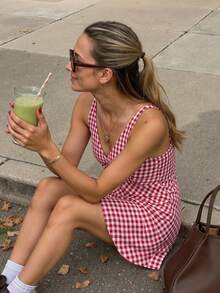 HoloChill Red Plaid Sleeveless Square Neck Mini Dress, Short Woven Fabric, Sexy & Fashionable Summer Dress, Elegant Party Dress, Beach Dress, Wedding Guest Dress, Birthday Dress, Casual Dress - Red - View 1