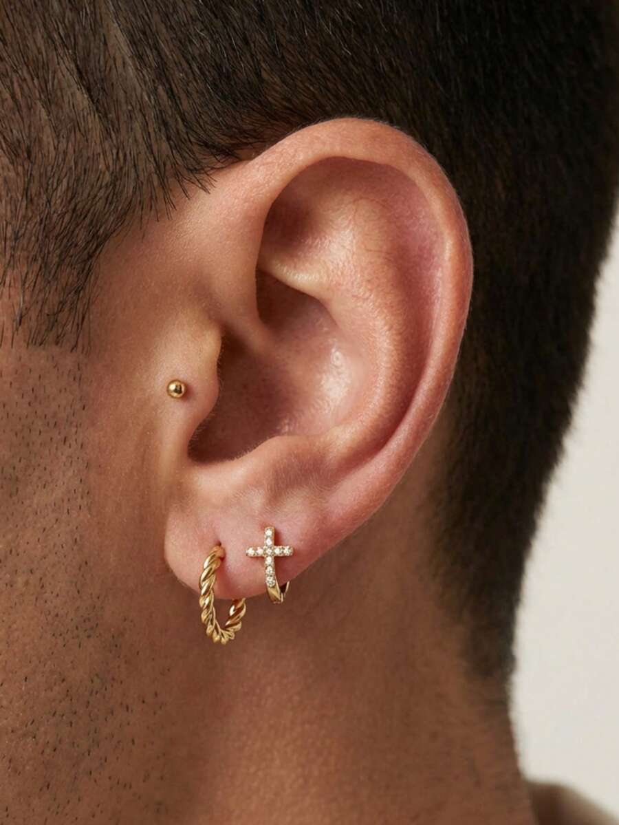 3pcs Set Casual Minimalist Cross Rhinestone Copper Earrings, Suitable For Men's Party, Dating, Daily Wear - Yellow Gold - View 1