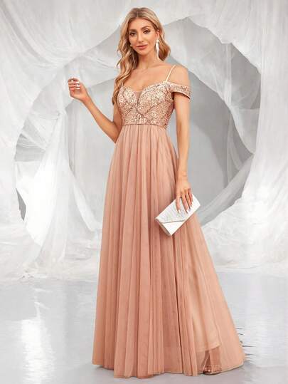 Summer Cold Shoulder Sequin & Mesh Hem A-Line Elegant Evening Women Dresses,Open Shoulder Sexy Gold Party Dress,Formal Prom Gown,Wedding Guest Gown, For Graduation, Dinner Spring