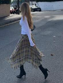 女士高腰不对称格子A字裙，休闲日常穿搭，复古休闲裙 春季款 - 彩色 - 查看 3