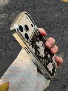 1 pieza Funda de teléfono con estampado floral de peonía blanca vintage elegante compatible con Apple 17, 16, Pro Max, 15, 14, 13, 12, 11, 17 ProMax, 16Pro, 15ProMax, 14Plus, con marco electrochapado y fondo negro estético - Negro - Ver 5