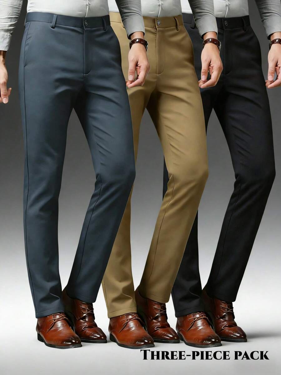 3pcs Men's Classic Design Dress Pants, Solid Color Stretch Trousers For Business Occasions In Spring/Summer, Elegant Luxurious Style