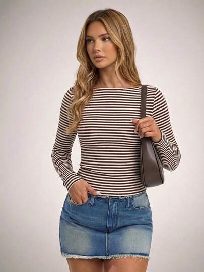 Women's Brown And White Striped Knit Long Sleeve Boat Neck Fitted Cropped Top, Y2K Style Casual Sexy Daily Outing Top, Classic Striped Fitted Long Sleeve T-Shirt - Versatile Daily Basic, Summer Outfits, Vacation Outfits For Women, Summer Outfits For Women, Spring Outfits For Women, Tops, Club Outfits For Women