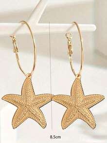 一对度假风波西米亚贝壳、海螺、仿珍珠、海星和海洋生物造型吊坠耳环，夸张的金属设计耳环，适合日常、街头、海滩派对等各种场合。 - 金色 - 查看 3
