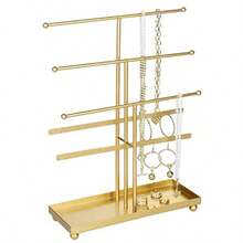 MyGift Soporte organizador para joyería collares y pulseras hecho de metal en color dorado tiene 5 niveles y una bandeja para anillos - Dorado - Ver 5