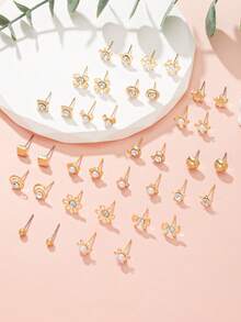 20pcs/Set Minimalist Geometric Bow, Heart, Square, Flower, Star Assorted Earrings, Versatile Daily, Casual, Date, Outdoor Wear Jewelry Gift For Women - Yellow Gold - View 3