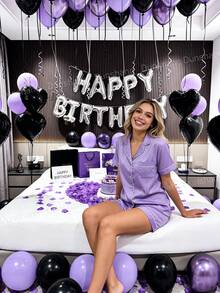 18-70pcs Women's Purple Birthday Decoration Set - Designed For Women's Birthday Celebrations, Silver "Happy Birthday" Banner, Black Heart-Shaped Foil Balloons, Soft Purple Thick Latex Balloons, Perfect For Birthday Party Decor, Anniversary, Hotel Midnight Birthday Party, Holiday Gifts, Party Supplies, Essential For Party Decoration. - Multicolor - View 5