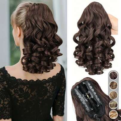 14英寸短款波浪马尾假发，合成纤维夹式马尾假发片，适合女性日常佩戴，棕色/金色可选