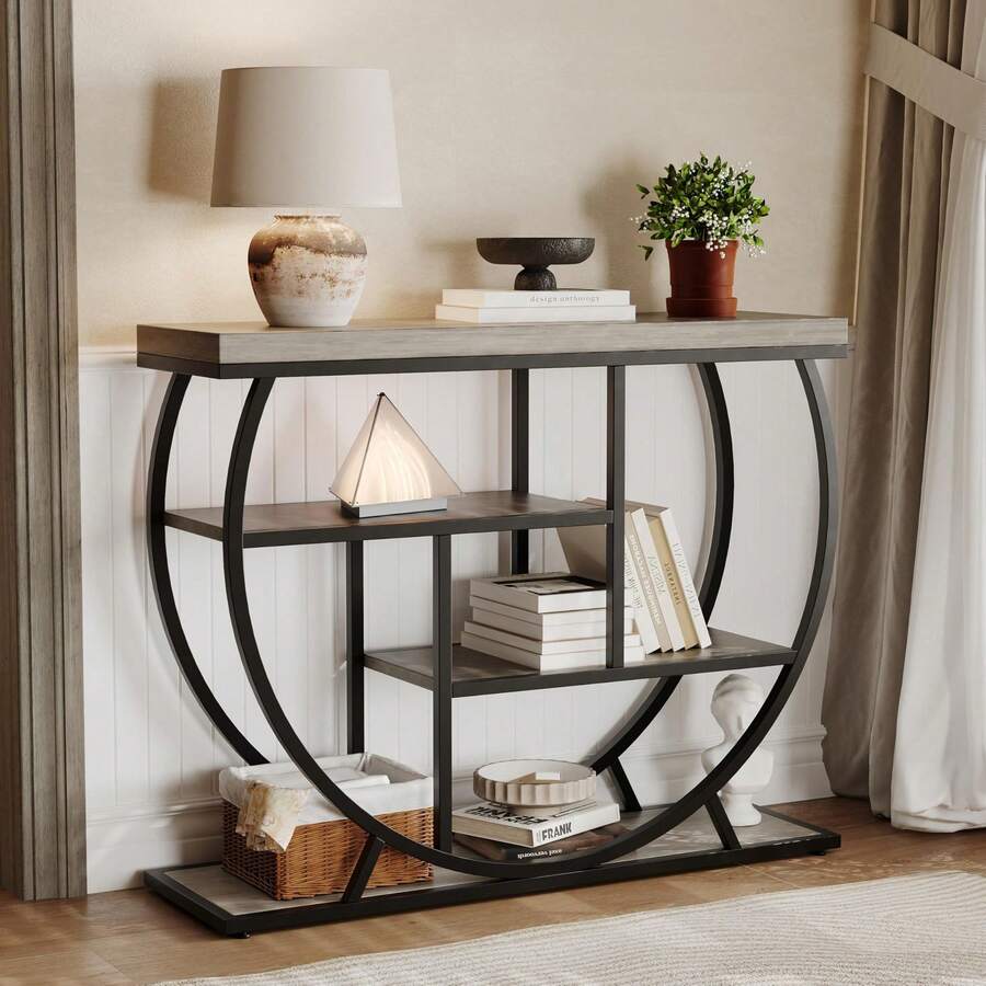 Mesa de entrada con espacio de almacenamiento, consola estrecha industrial de 4 niveles detrás del sofá con base semicircular y estantes para sala de estar, pasillo y recibidor - Gris - Ver 1