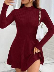Cute Long Solid-Color Casual Dress, Spring-Autumn Style, Suitable Family Gatherings, Parties, Commuting, Dating And Dance Events. - Burgundy - View 2