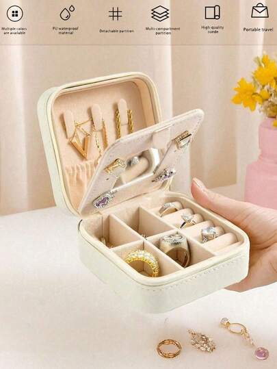 1pc Travel Jewelry Box, Gift For Women, Mini Jewelry Box, Double-Layer Portable Jewelry Box With Mirror For Necklace & Earrings, Pink Travel Essential, Back To School Gift