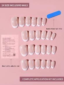 24片Y2K风格短款椭圆形粉色猫眼美甲贴纸，适用于美甲贴片，白色法式中号，猫眼亚克力材质，完美搭配亚克力美甲套装，包含1瓶果冻胶和1套指甲锉，适合女性和女孩在工作、学校和派对上使用的DIY美甲用品 - 白色 - 查看 3