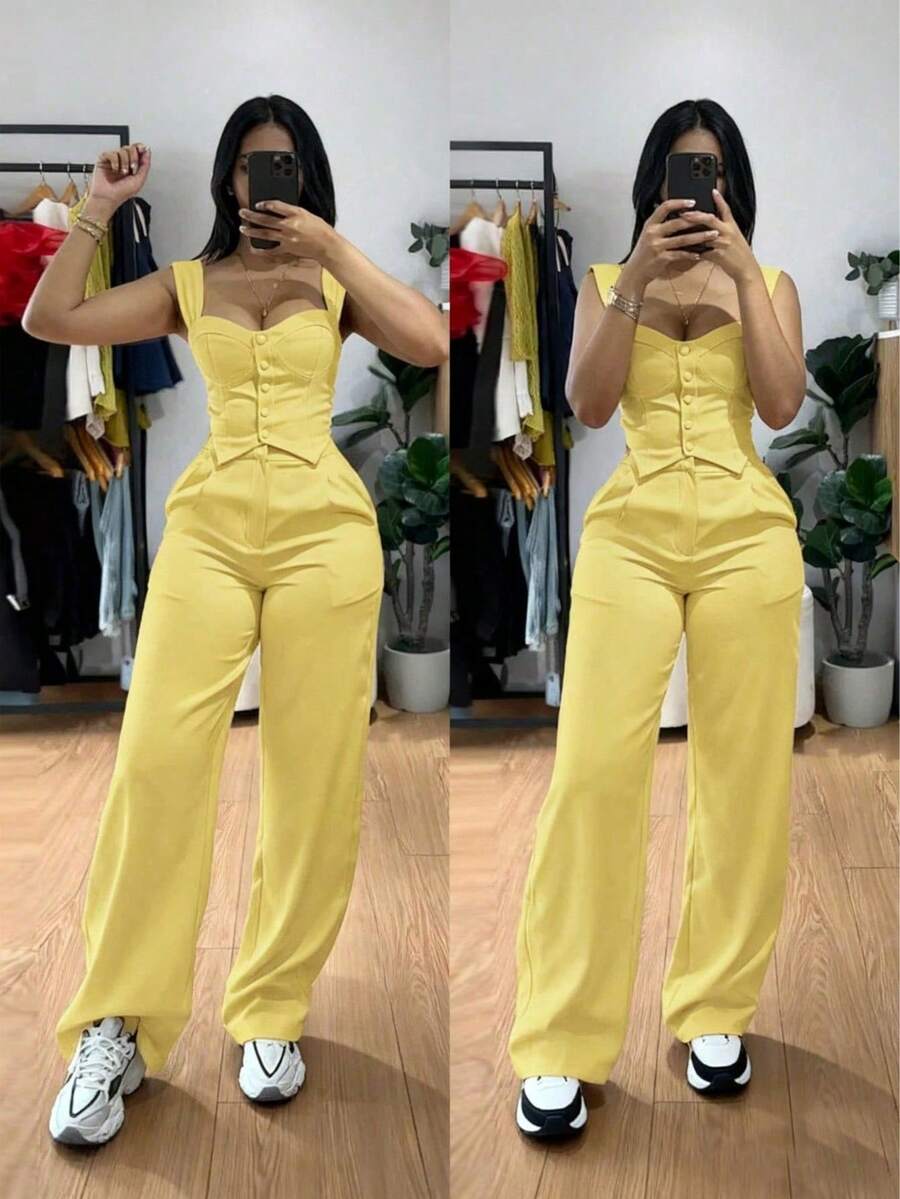 女士优雅通勤纯色吊带背心和裤子两件套夏季 - 黃色 - 查看 1