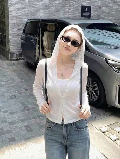 Women's Lightweight Long-Sleeve Knit Cardigan For Spring/Summer | Korean-Style Textured Lace Hoodie With Sheer Detail, Relaxed And Versatile For Effortless Chic Daily Wear White