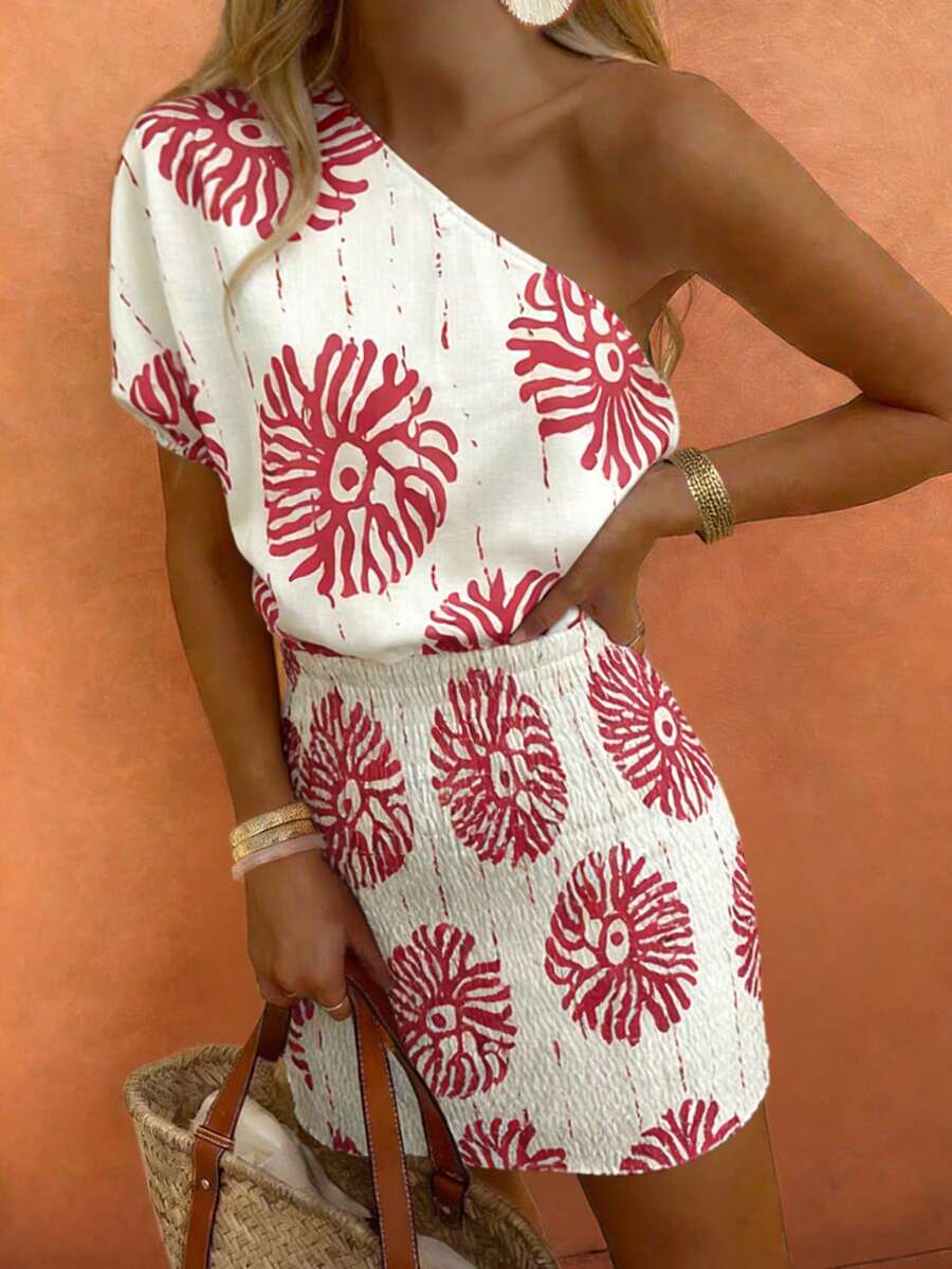 Women's Fashionable Versatile Elegant Floral Print Off-Shoulder Bodycon Dress, Spring/Summer