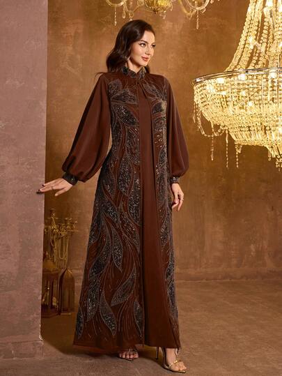 Women's Long Sleeve Sequin Patchwork Arabic Evening Gown Spring
