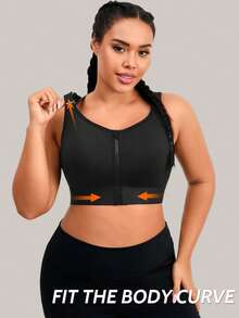 1pc Plus Size Women's Sports Bra, Adjustable Lift And Support, Front Zipper Closure, Casual Wear - Black - View 4
