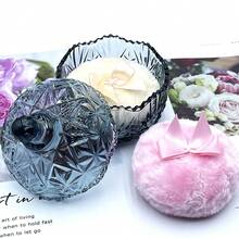 Luxury 4 Inch Glass Powder Container With 2 Soft Puffs For Loose Powder - 1 Puff beige 1 lazo rosa con corona-gris azul - Ver 10