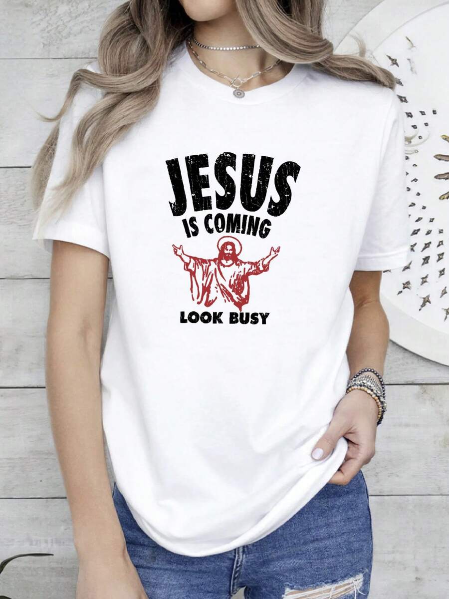 Camiseta de mujer con estampado "Jesús viene, ponte a trabajar" 1992, tallas S-5XL, - Blanco - Ver 1
