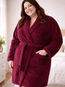 Plus Size Microfiber Soft Bathrobe - 酒紅色 - 查看 3