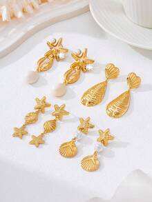 1 Đôi bông tai dáng dài hình sao biển và vỏ sò phong cách đại dương thanh lịch, quà tặng trang sức thời trang dành cho nữ, thích hợp để đeo hàng ngày, đi biển, du lịch, dự tiệc. - Vàng - Xem 2