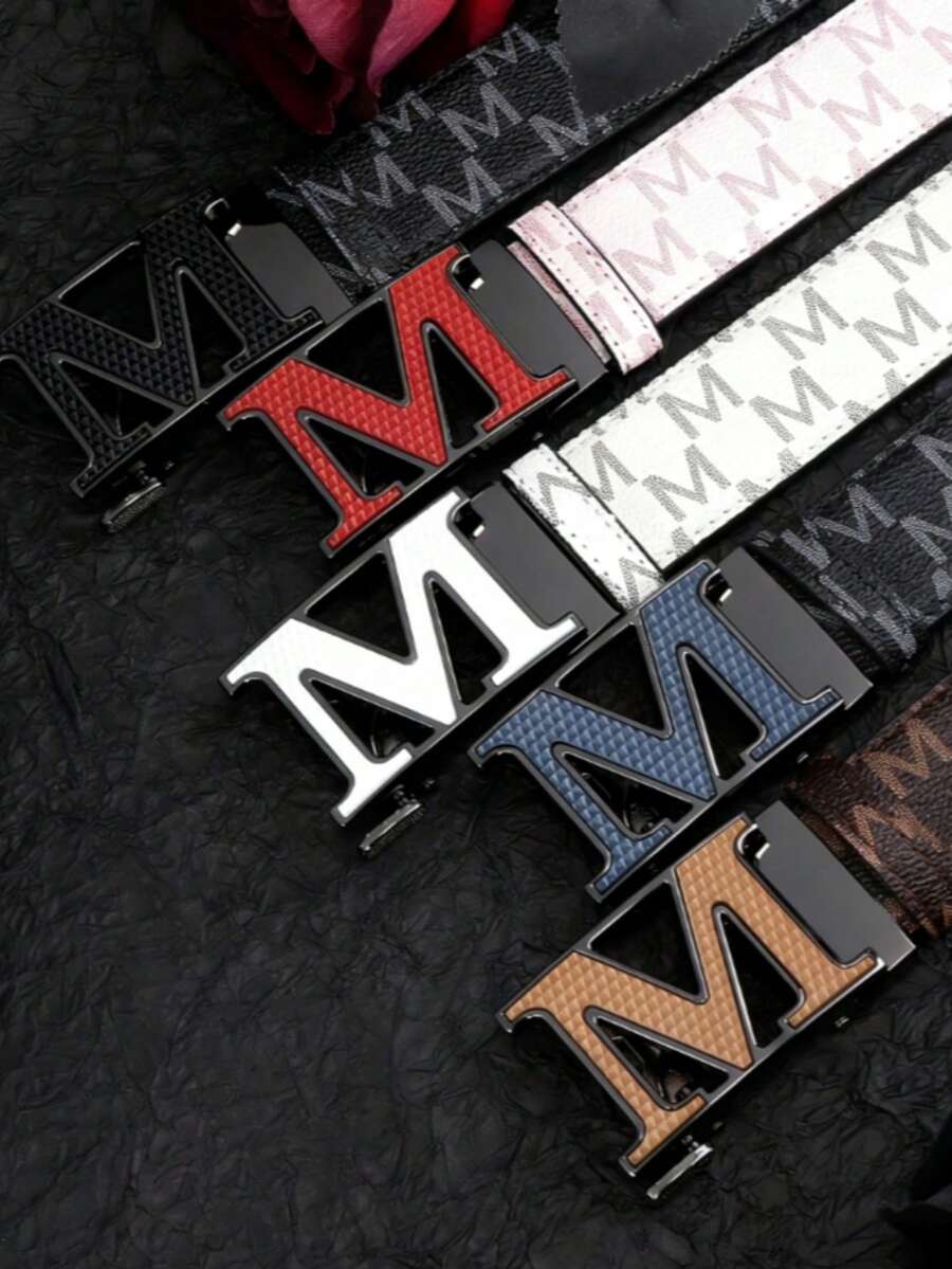1pc 2024 Autumn/Winter New Lightweight Business Belt, M Letter Alloy Automatic Buckle Leather Belt, High-Quality Letter Belt, Business & Casual Waist Belt, Fashionable Versatile Pants Belt, Minimalist Men's Leather Belt - Multicolor - View 1