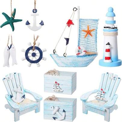 1pc Beach Decor Wooden Sailboat, Lighthouse, Fish, Hanging Starfish, Mini Chair, Ocean Theme Ornament, Christmas Decoration